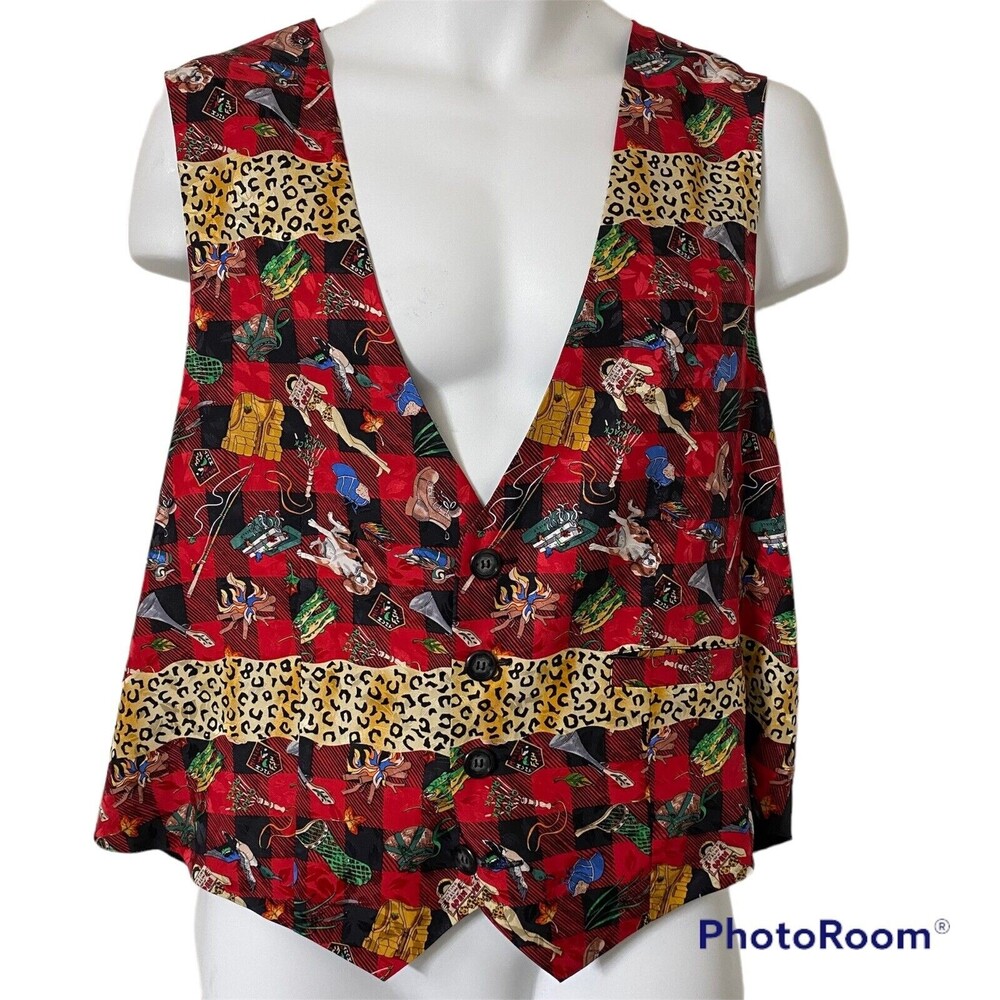 Vintage Nicole Miller Men's Vest XL Silk Hunting Fishing Limited Edition 1992